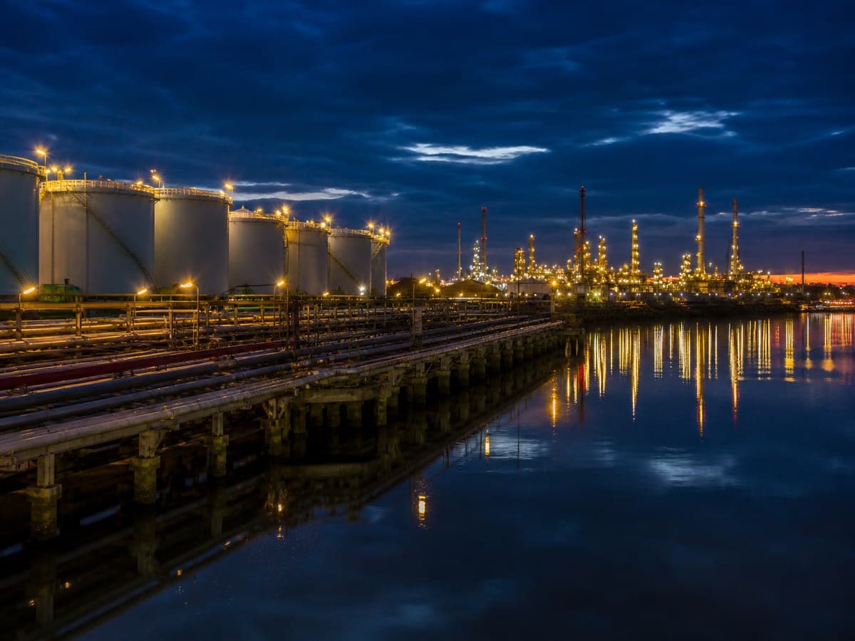 Gulf Coast petroleum terminal and storage tanks at dusk